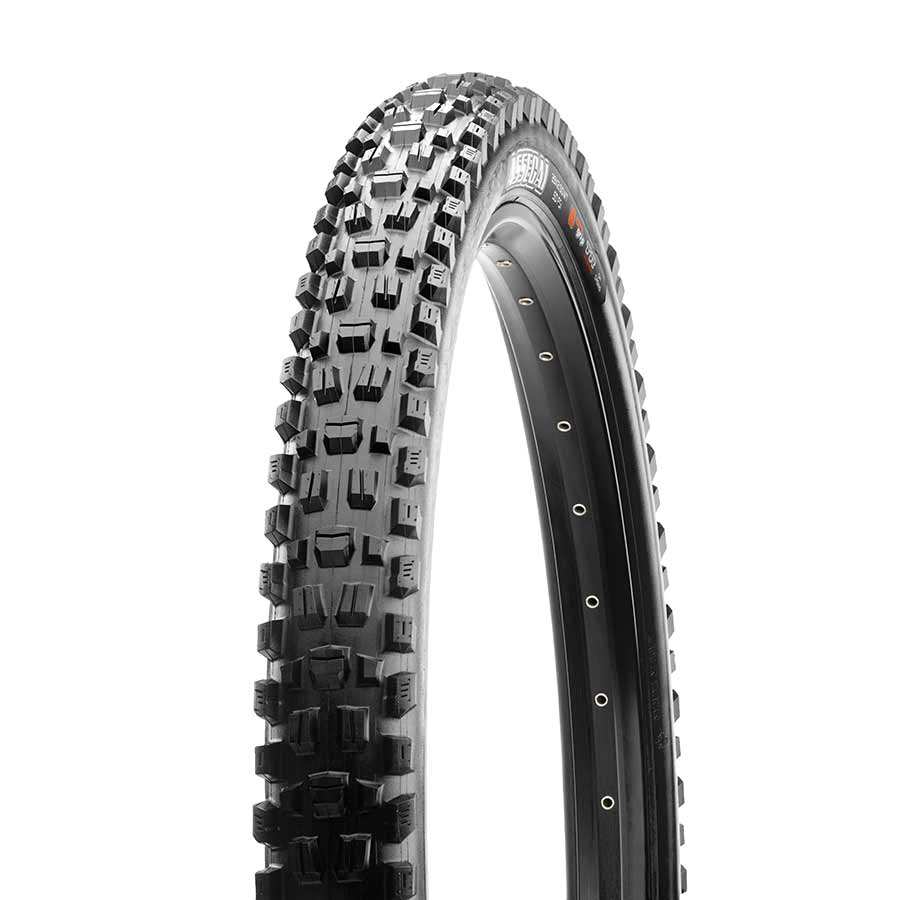 Maxxis Assegai mountain tire with 275x2.50 folding tubeless-ready design, Maxx Grip compound, wide trail tread in black.