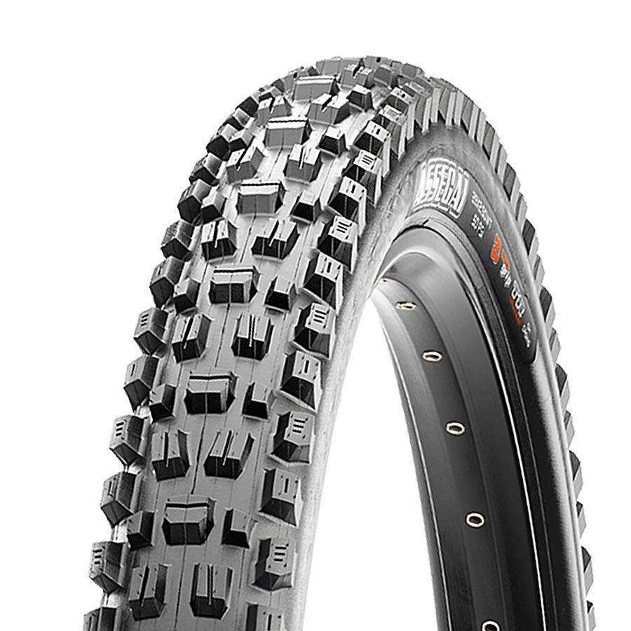 Maxxis Assegai mountain tire with tubeless-ready 275x2.50 size, black folding design, Maxx Grip compound for trail riding.