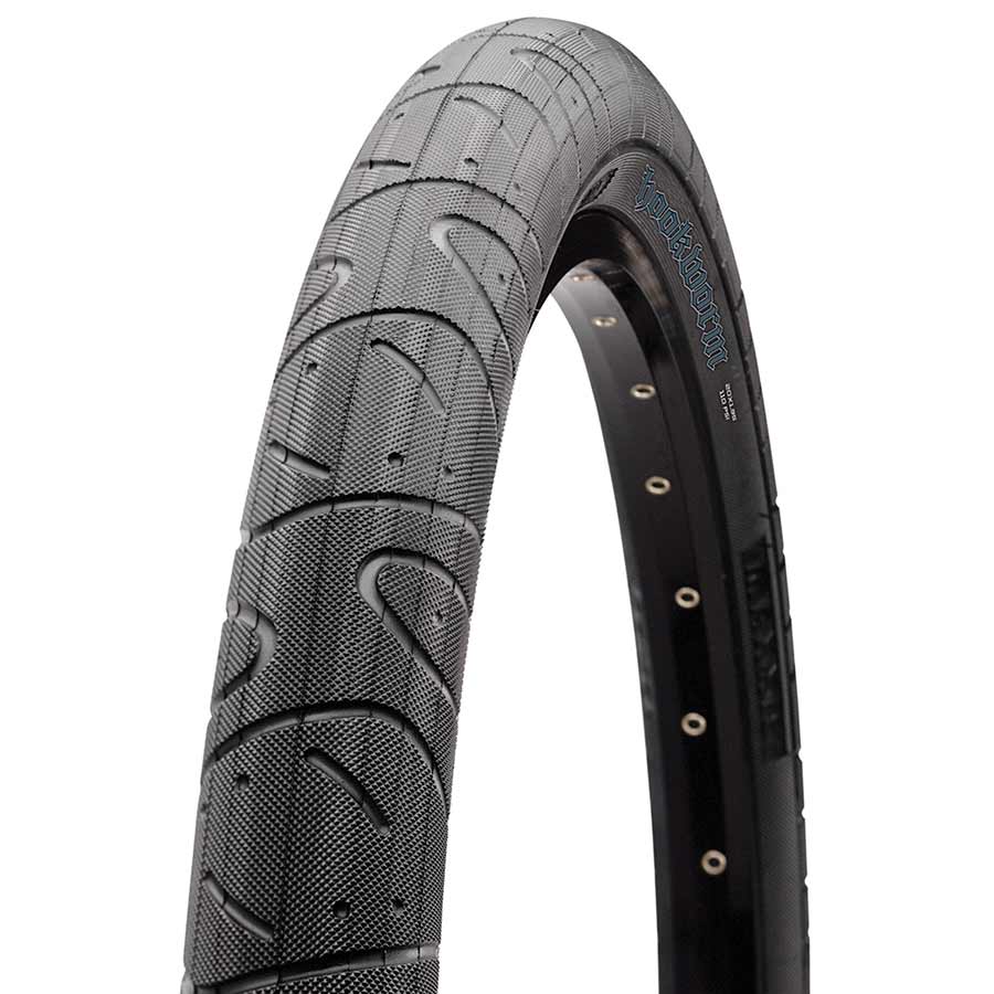Maxxis Hookworm BMX and dirt jump tire, 20x1.95, wire clincher, black rubber with textured tread for BMX riding and dirt jumps.