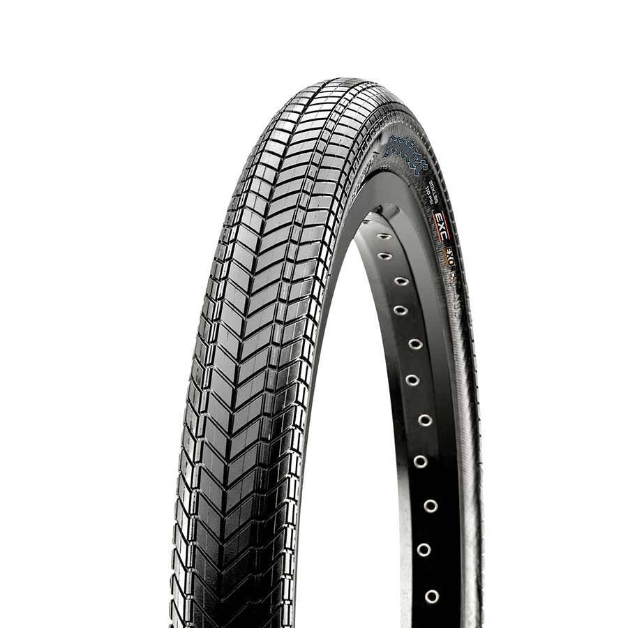 Maxxis Grifter BMX and dirt jump tires, 29x2.50 wire clincher, black rubber with tread pattern for BMX riding and dirt jumping.