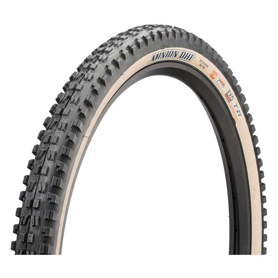 Maxxis Minion DHF mountain tire, 26-inch wire clincher, black rubber with aggressive tread for downhill riding.