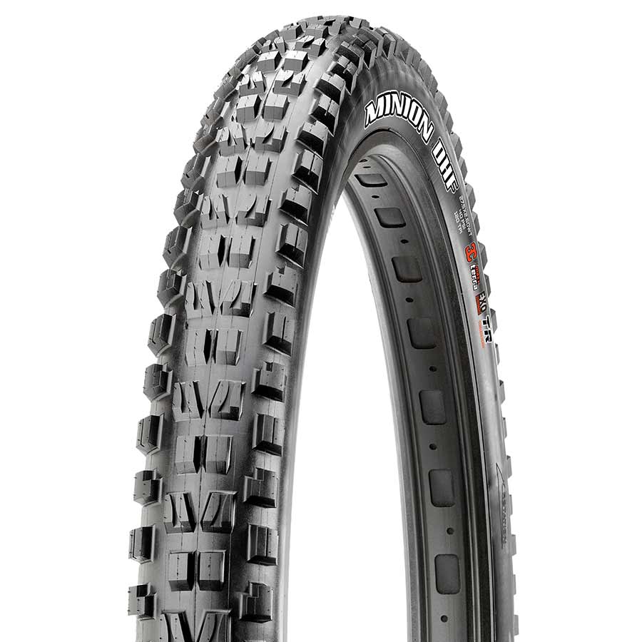 Maxxis Minion DHF mountain tire 26x2.50 wire clincher tire with black rubber and aggressive tread for mountain biking.