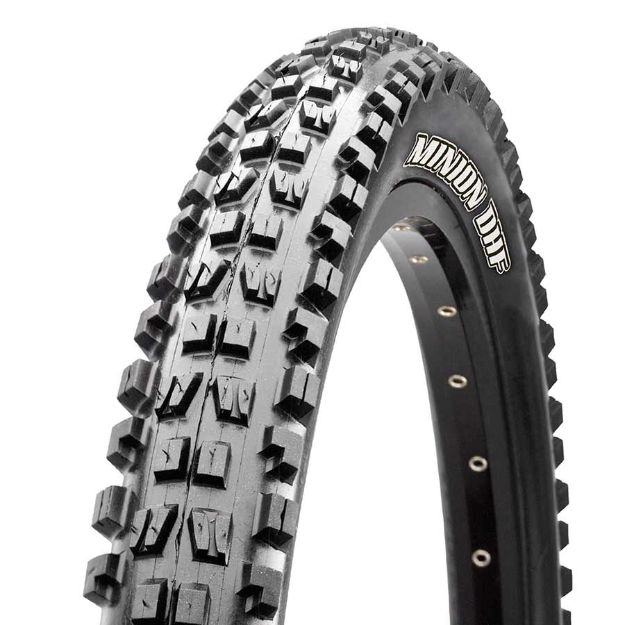 Maxxis Minion DHF mountain tire for bikes, 26x2.50 inch wire clincher tire with black tread and sidewall, suitable for trail riding.