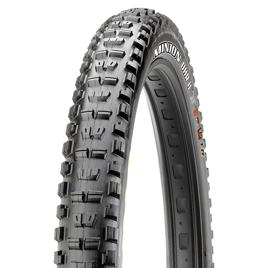 Maxxis Minion DHR2 mountain tire, 26-inch folding tubeless-ready tire with Maxx Terra compound and Exo protection, black.
