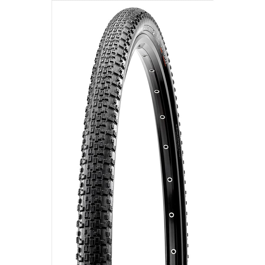 Maxxis Rambler gravel tires, 700x38c, folding, tubeless-ready with dual Exo protection, black rubber for gravel cycling.