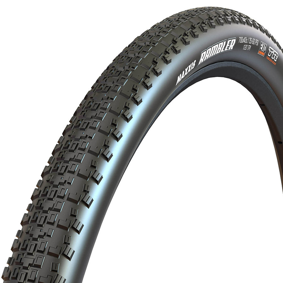 Maxxis Rambler gravel tires 700x38c, tubeless-ready with dual EXO sidewall protection, black folding tires for gravel riding.