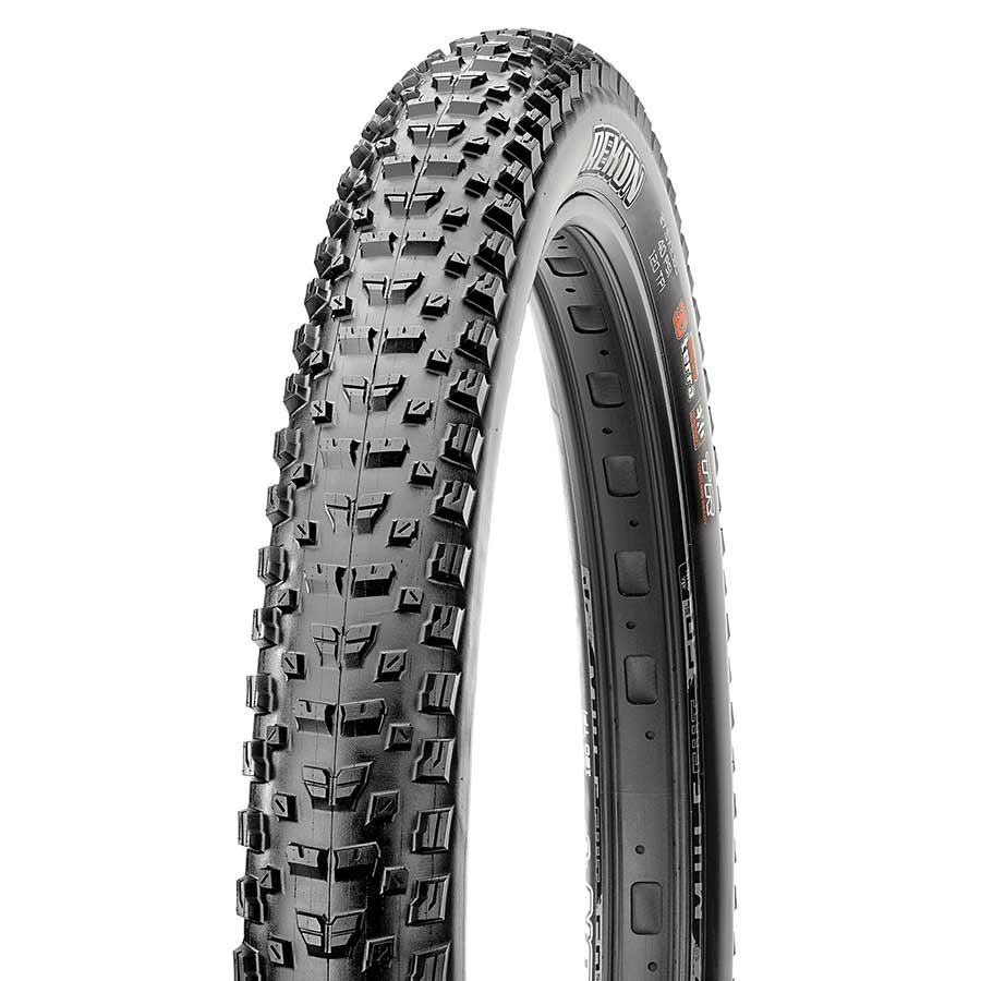Maxxis Rekon+ mountain tires, 27.5-inch, tubeless-ready, folding, Maxx Terra compound, black, for mountain biking.