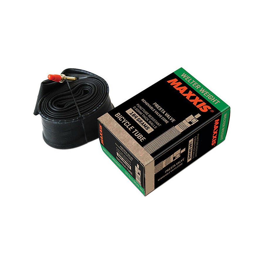 Maxxis Welter Weight Presta tubes, 48mm length, suitable for 26-inch bike tires, durable and reliable for cycling.
