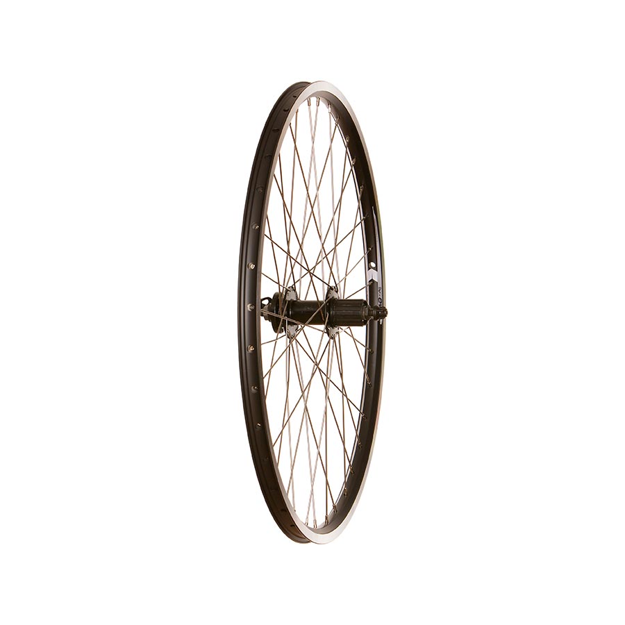 Black MetroCycle Evo Tour 19 26-inch rear wheel with durable spokes and hub for mountain bikes.