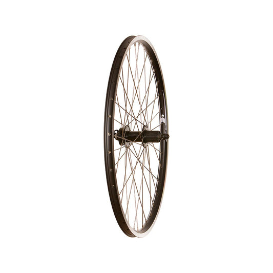 Black MetroCycle Evo Tour 19 26-inch rear wheel with durable spokes and hub for mountain bikes.
