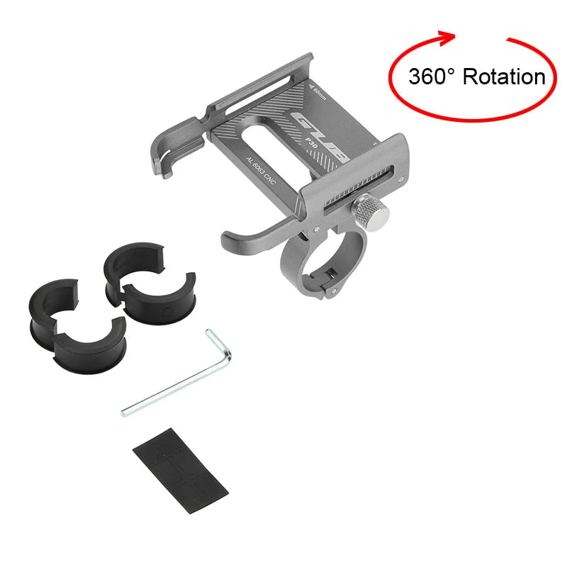 MetroCycle metal phone mount with 360 swivel, side and bottom clamp for secure smartphone attachment and adjustable positioning.