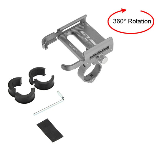 MetroCycle metal phone mount with 360 swivel, side and bottom clamp for secure smartphone attachment and adjustable positioning.