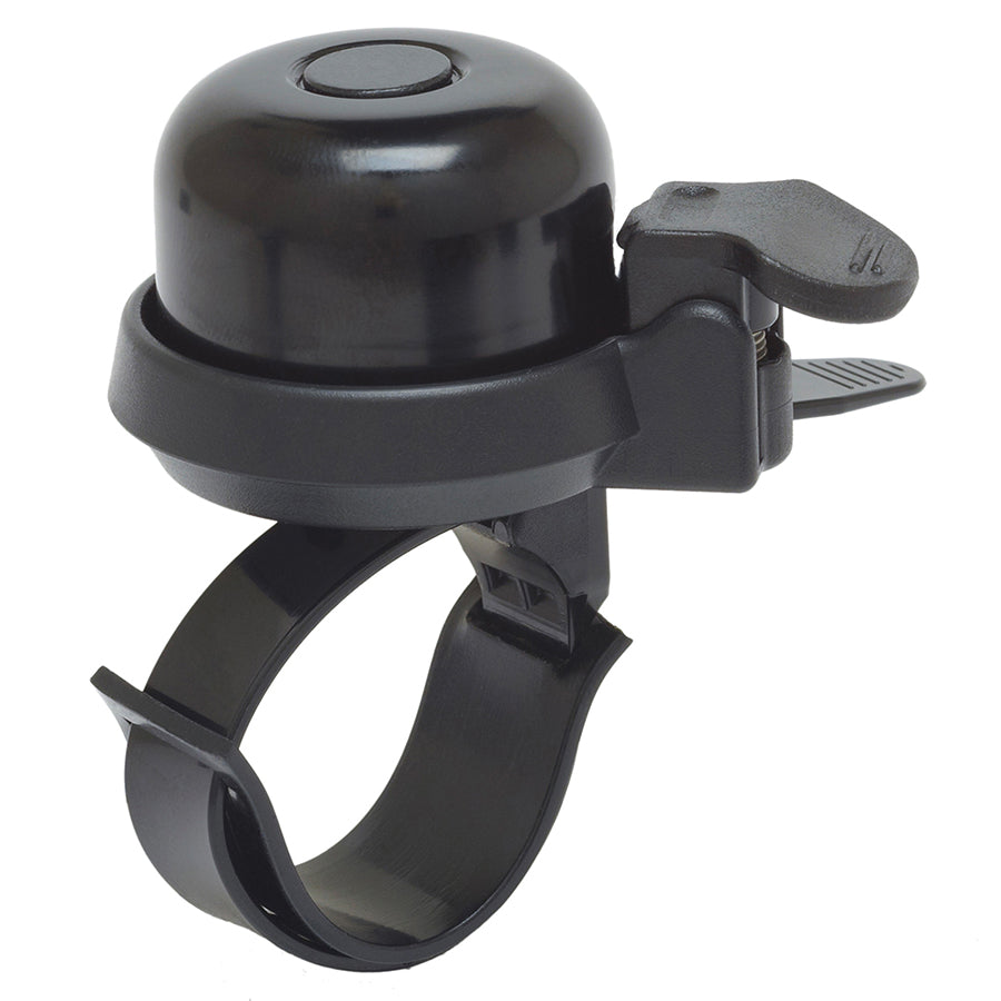 Mirrycle Adjustabell 2 bicycle bell and horn mounted on a bike handlebar, black metal with a classic design.
