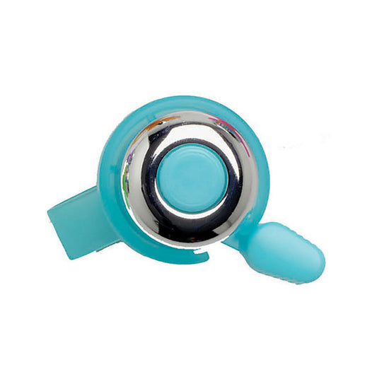 Mirrycle Incredibell Brass Duet Color bell with blue finish, mounted on bicycle handlebar, showcasing dual tone horns and brass details.
