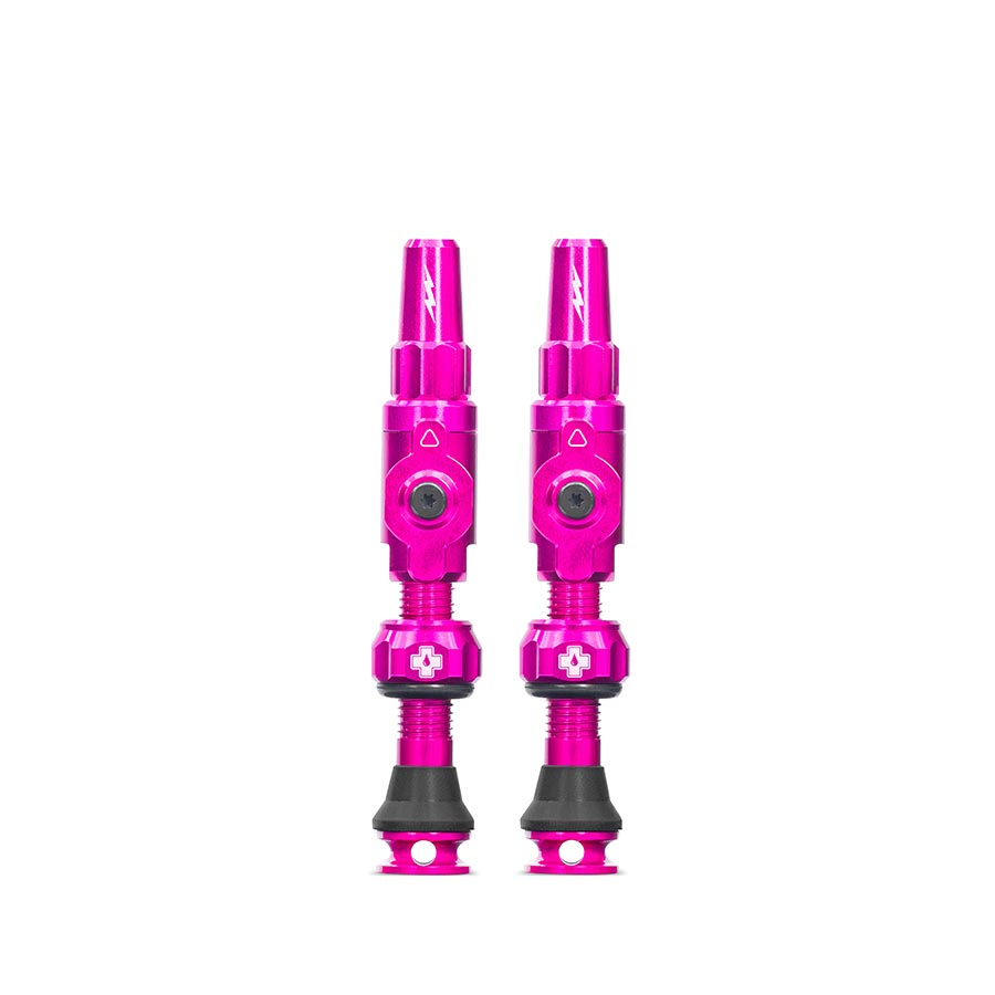 Pair of Muc-Off Big Bore Lite Small tubeless valves, 30mm Presta valves in black, designed for lightweight bicycle wheel setups.