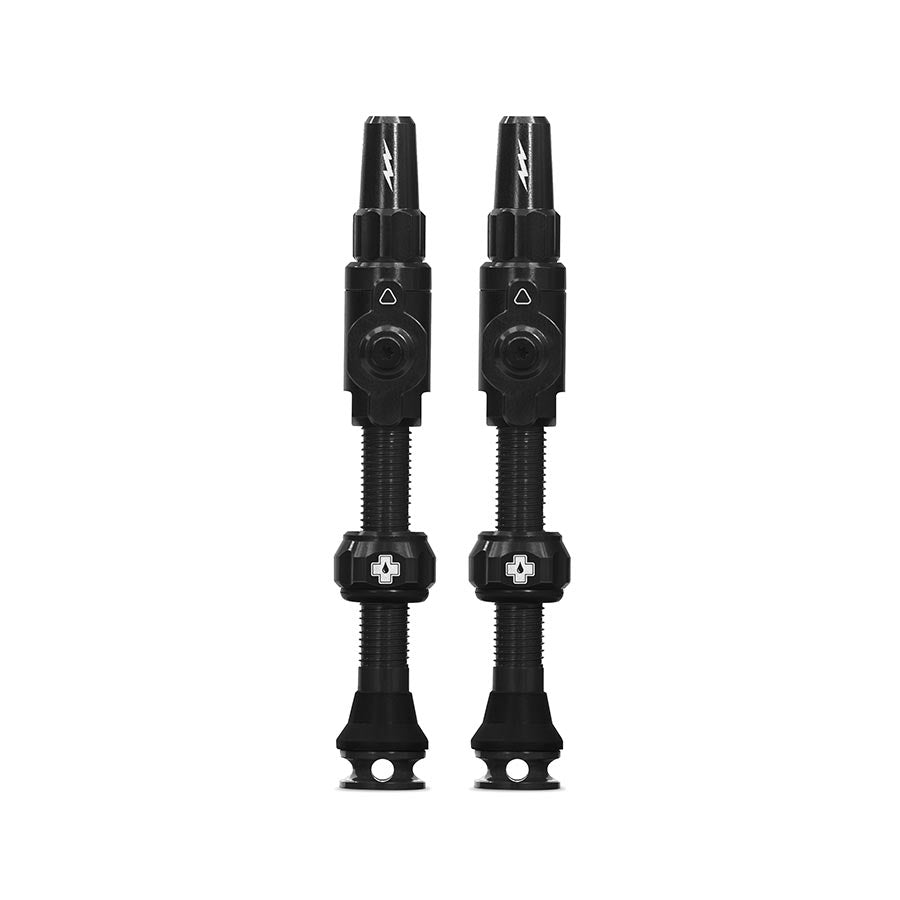 Pair of Muc-Off Big Bore Lite Small tubeless valve stems, black Presta valves, 30mm length for bicycle wheels.
