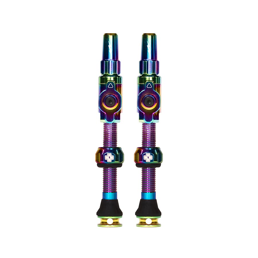 Pair of Muc-Off Big Bore Lite Small tubeless valves, 30mm Presta black valves for bike wheels, lightweight and durable.