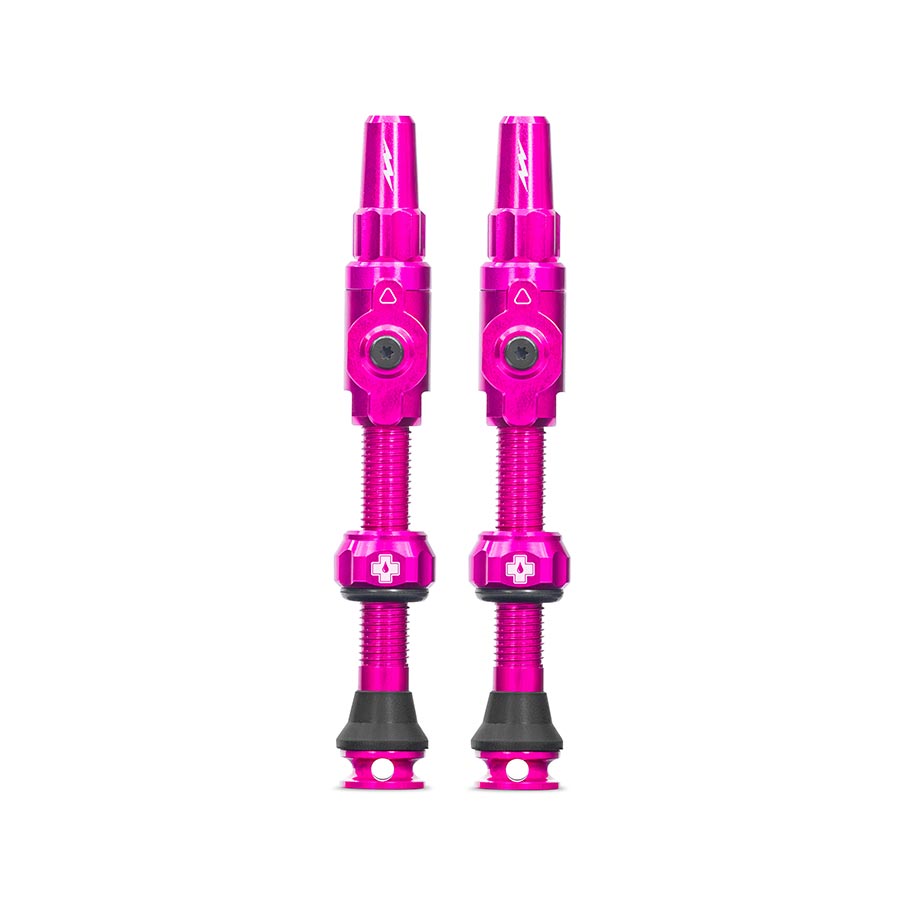 Pair of Muc-Off Big Bore Lite Small tubeless valves, 30mm Presta black valves for bicycle wheels, lightweight and durable.