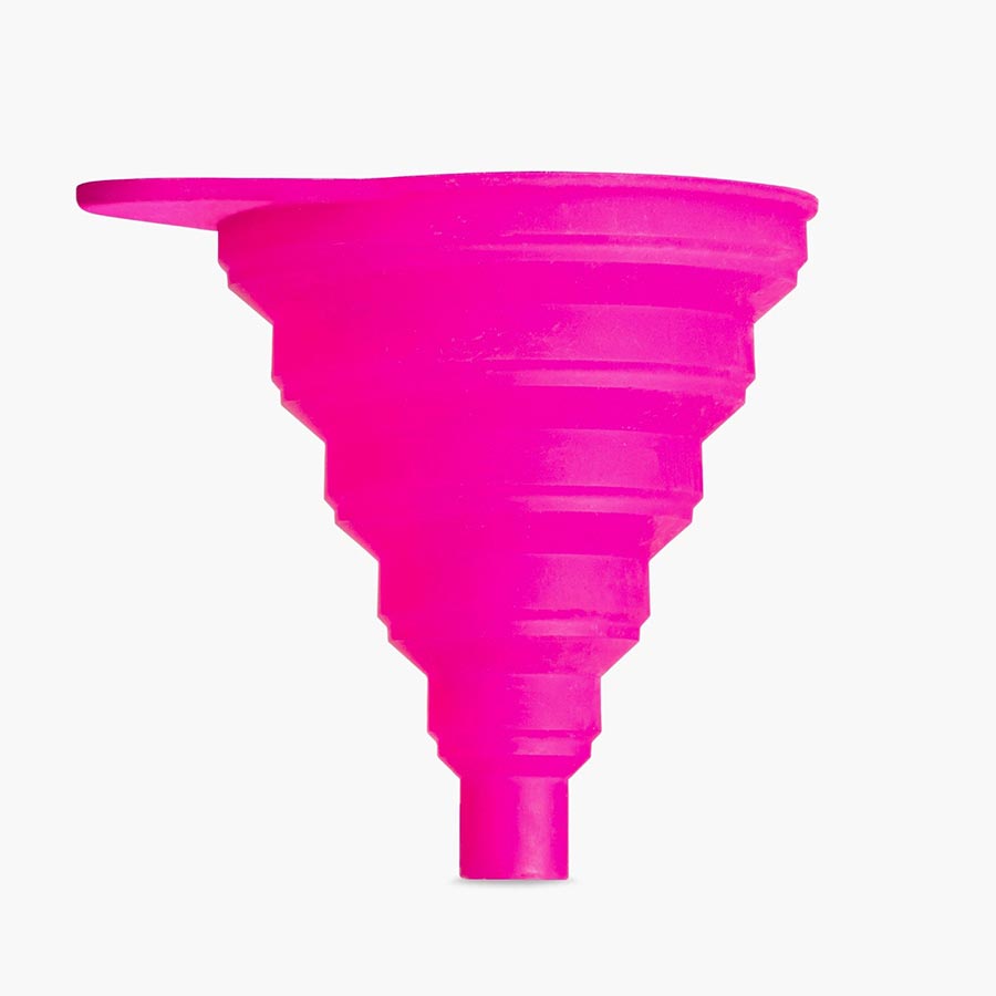 Large pink collapsible silicone funnel by Muc-Off for bike wash, cleaners, and polishes, featuring a flexible, space-saving design.