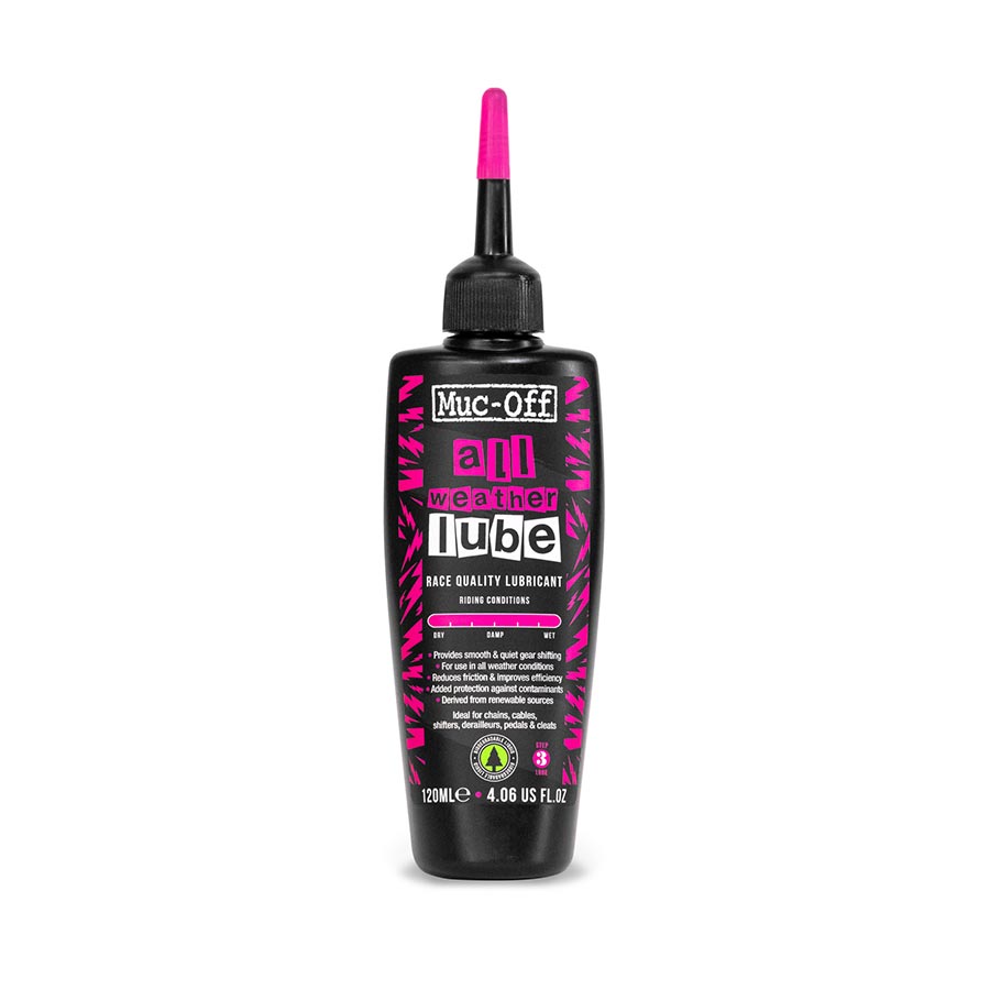 Muc-Off All Weather lubricant bottle showing the 50ml container with branding and product label for bike and bike part lubrication.