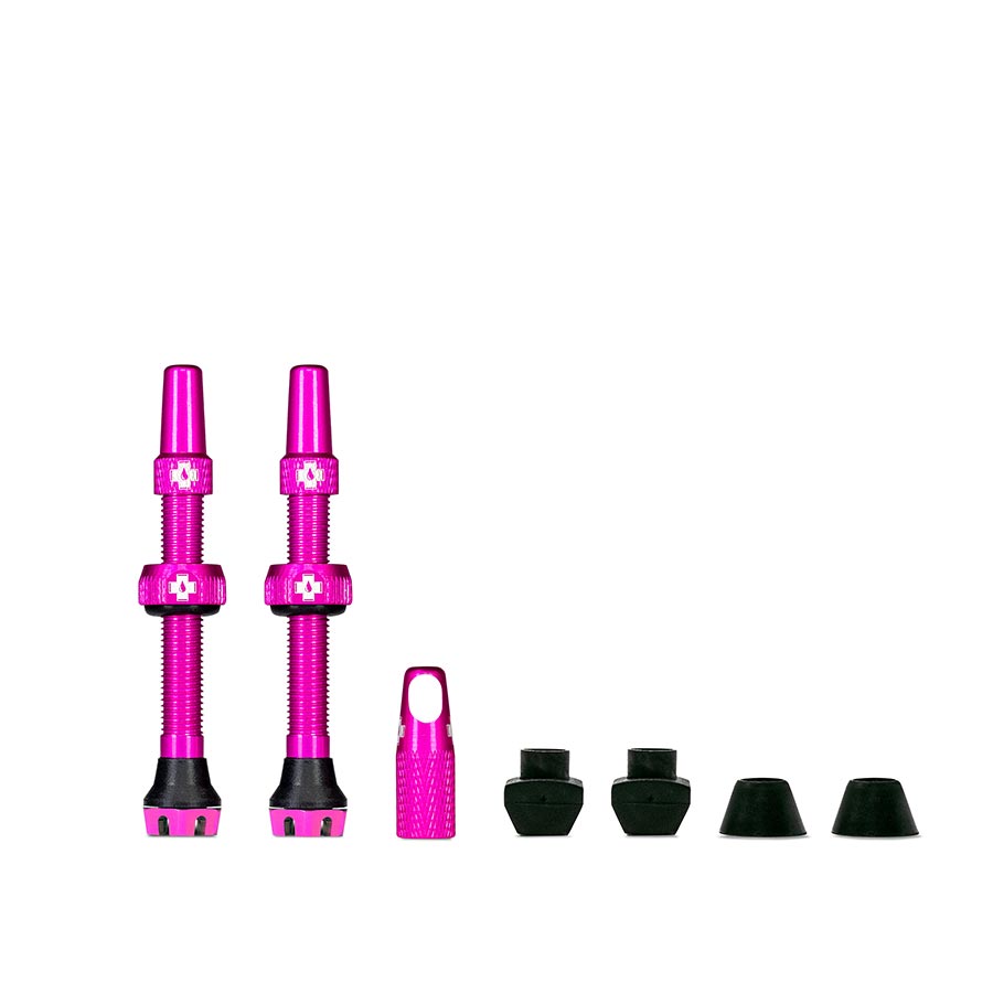 Pair of Muc-Off Tubeless Valve V2 Presta valves in black, 44mm length, designed for tubeless bike tires.