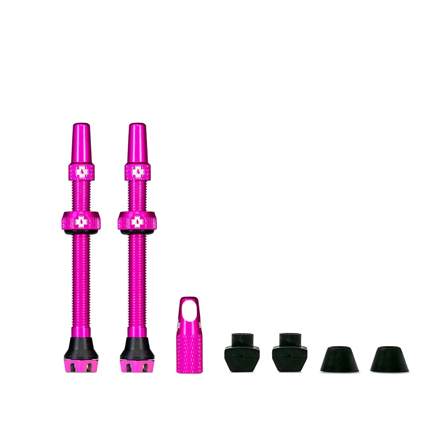 Pair of Muc-Off Tubeless Valve V2 Presta valves, 44mm black tubeless valves for bike wheels, with valve cores and rubber seals.