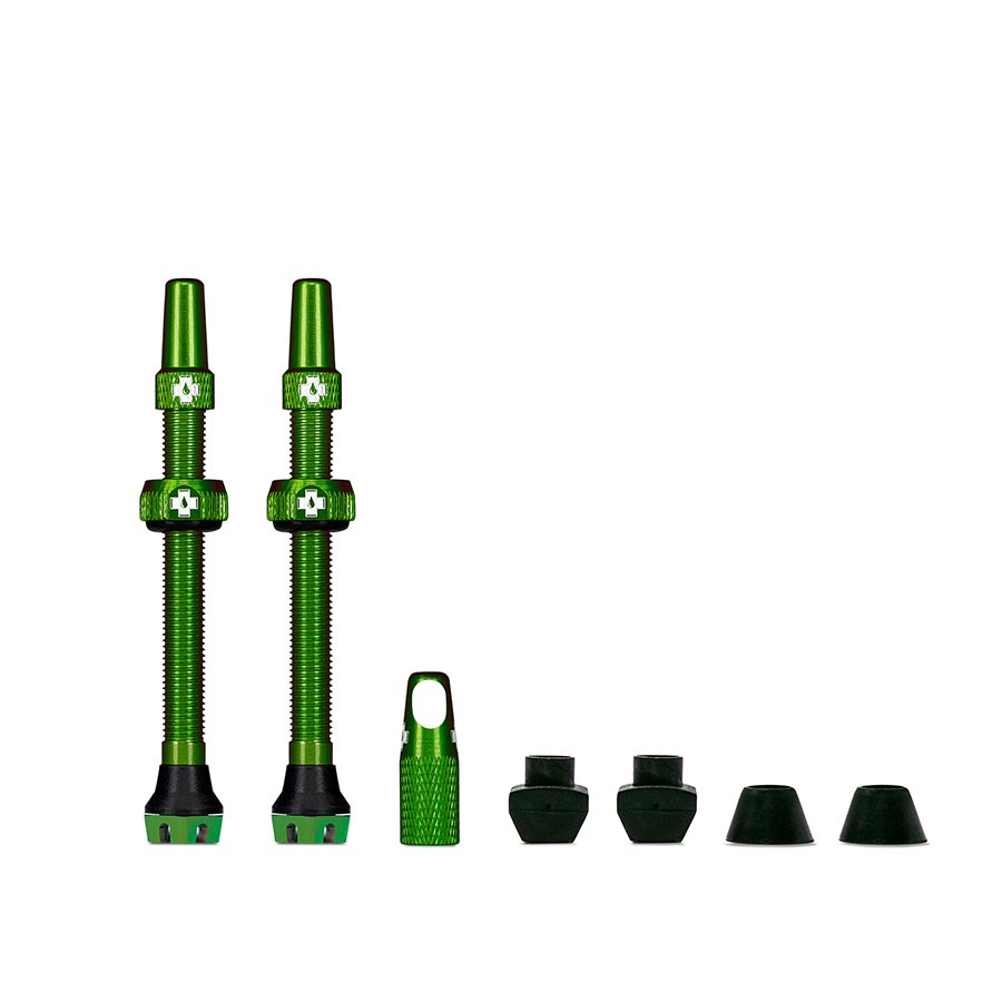 Pair of Muc-Off Tubeless Valve V2 Presta valves, 44mm length, black, designed for tubeless bicycle tires.