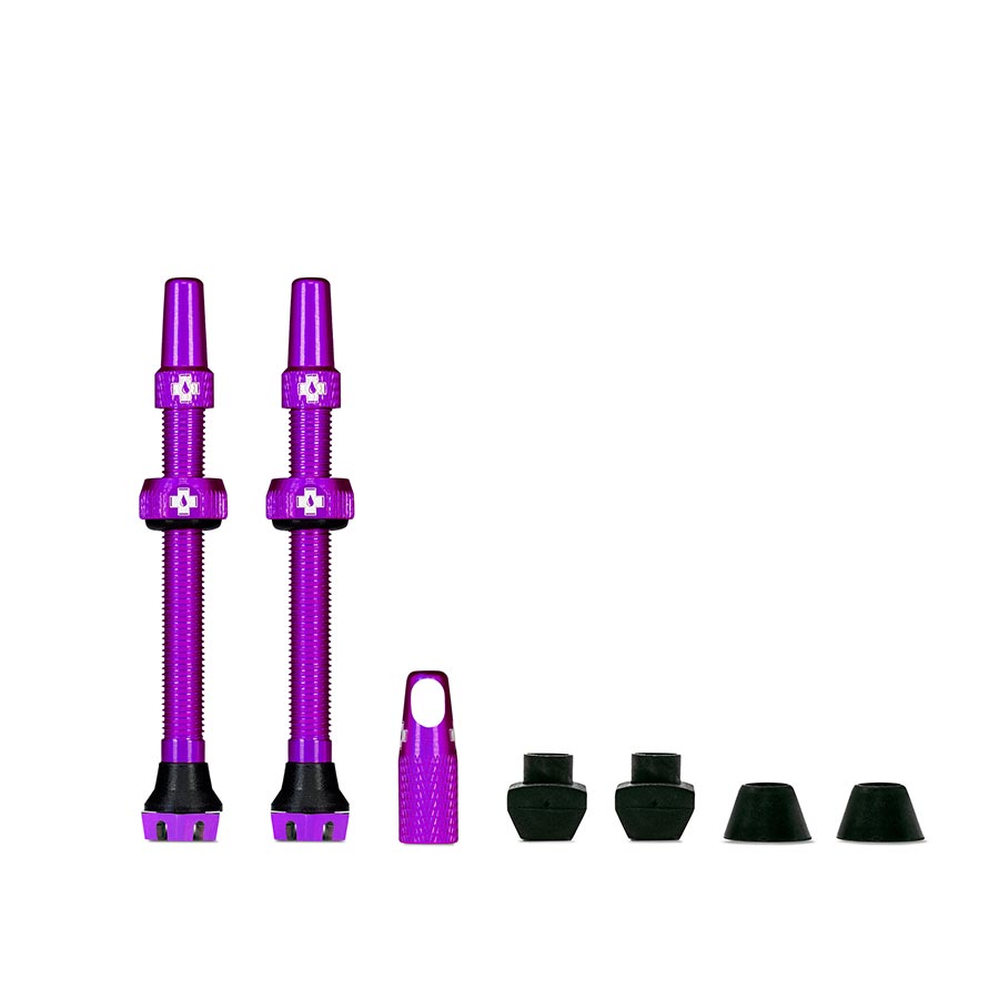 Pair of Muc-Off Tubeless Valve V2 Presta valves, 44mm black tubeless valves for bicycle wheels.