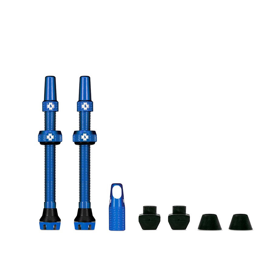 Pair of Muc-Off Tubeless Valve V2 Presta valves in black, 44mm length, designed for tubeless bicycle tires.