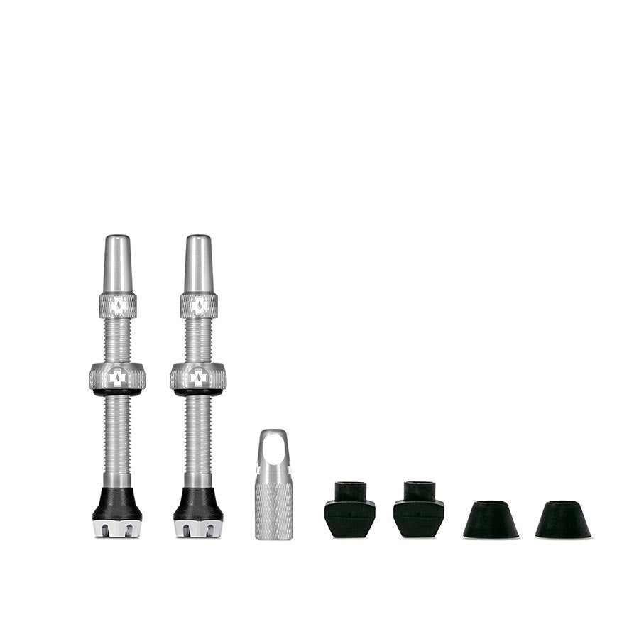 Pair of Muc-Off Tubeless Valve V2 Presta 44mm black valves for bicycle tires, made for tubeless wheel setups.