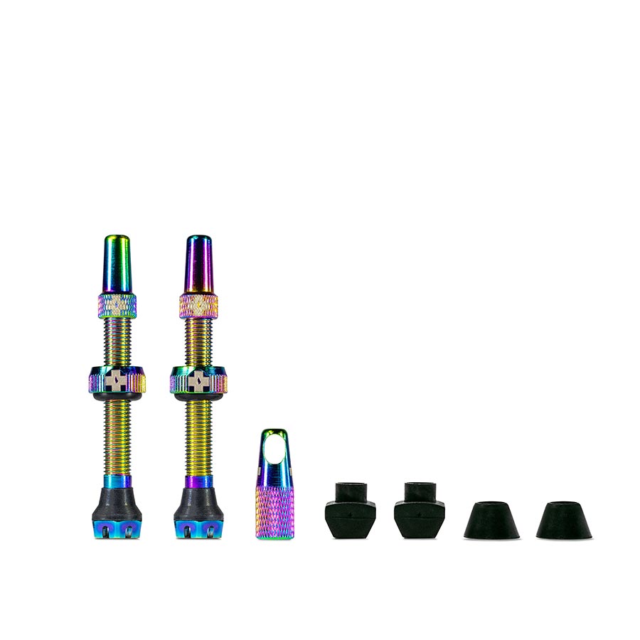 Pair of Muc-Off Tubeless Valve V2 Presta valves in black, 44mm, designed for tubeless bike tires.