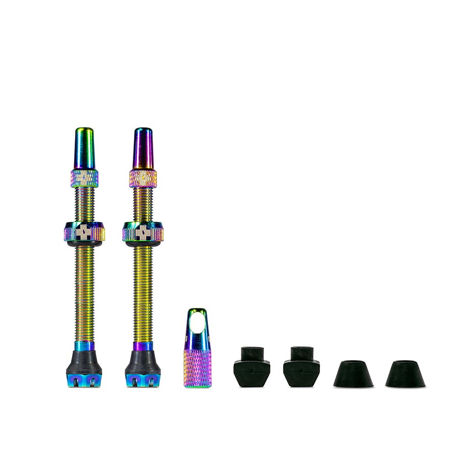 Pair of Muc-Off Tubeless Valve V2 Presta valves, 44mm black tubeless valves for bike wheels.