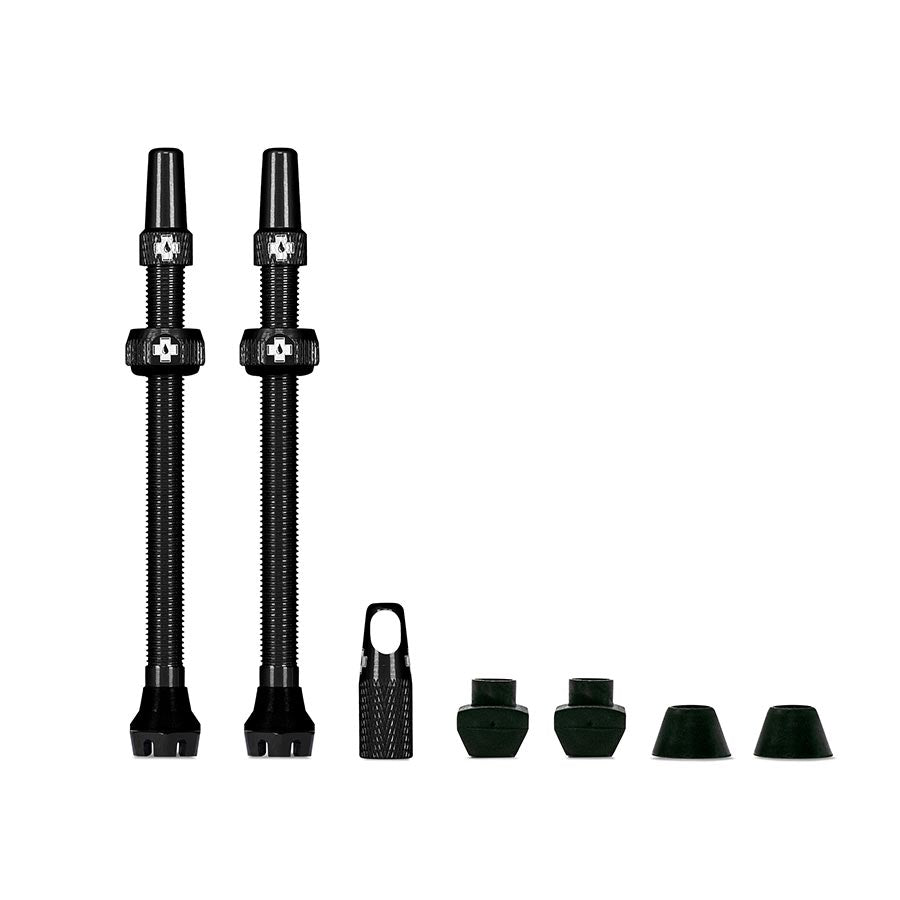 Pair of Muc-Off Tubeless Valve V2 Presta valves in black, 44mm length, designed for tubeless bike tires.