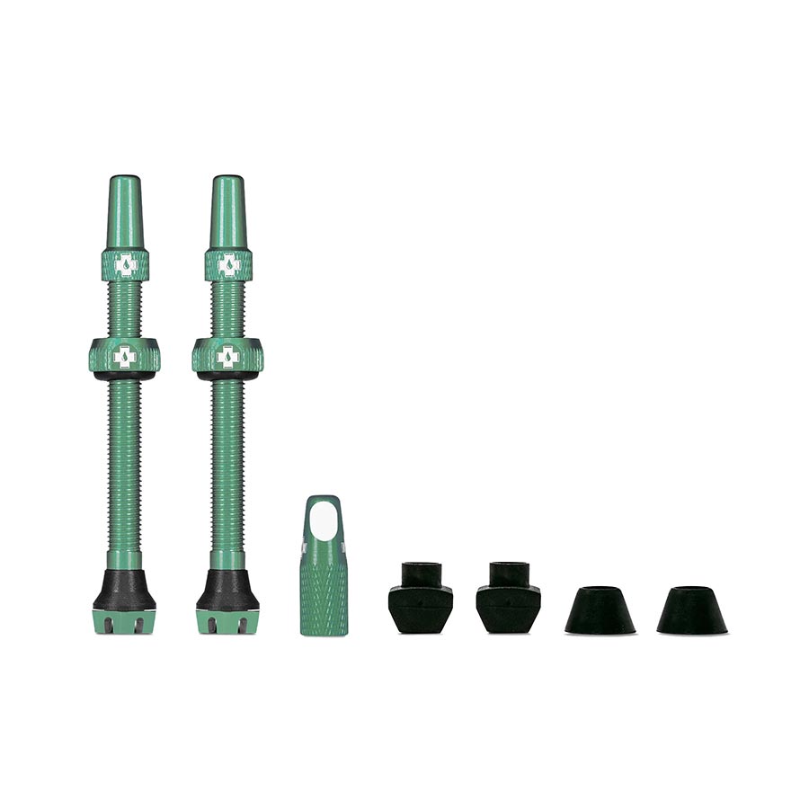 Pair of Muc-Off Tubeless Valve V2 Presta valves in black, 44mm length for bike tubeless tire installation.