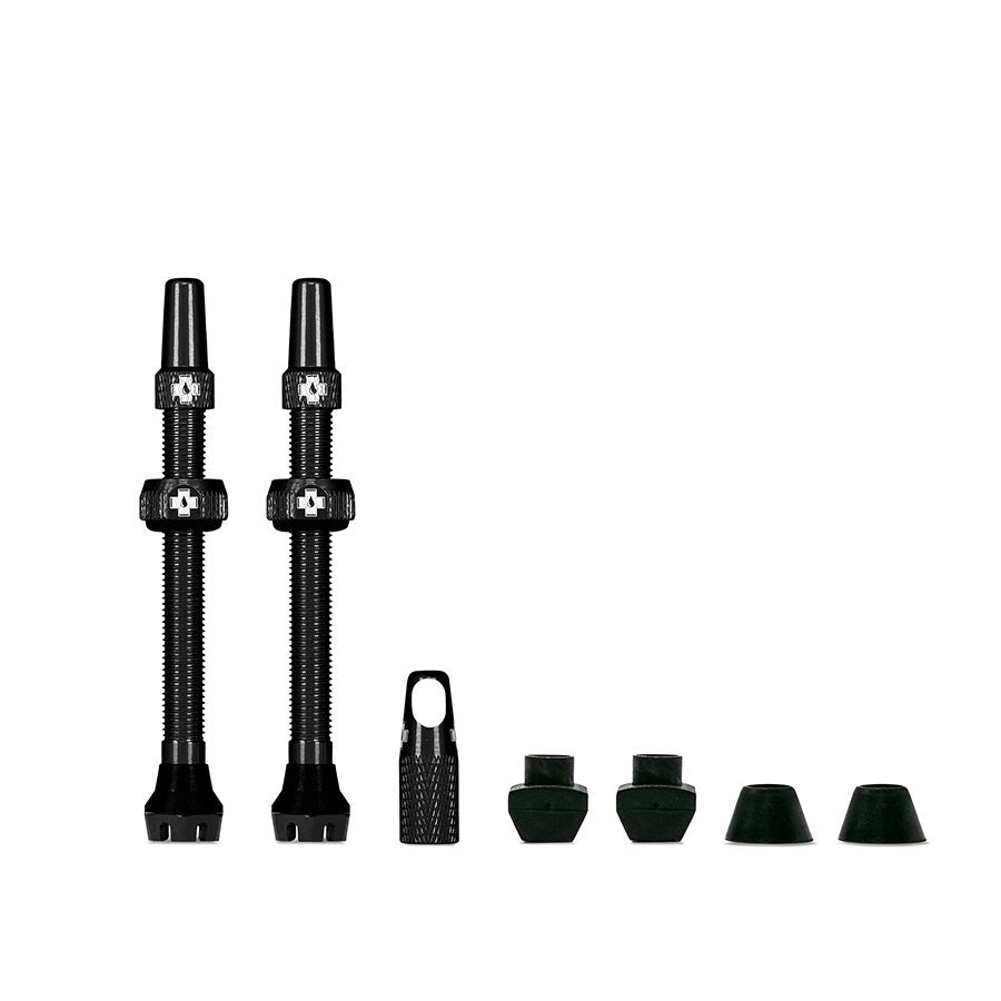 Pair of Muc-Off Tubeless Valve V2 Presta valves in black, 44mm length, designed for tubeless bike tires.