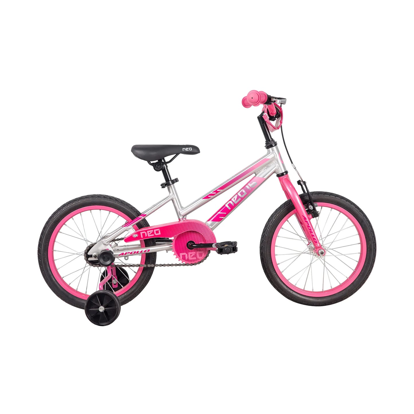 Neo+ 16-inch girl's kids bicycle by Neo, featuring a pink frame and training wheels, ideal for young children learning to ride.