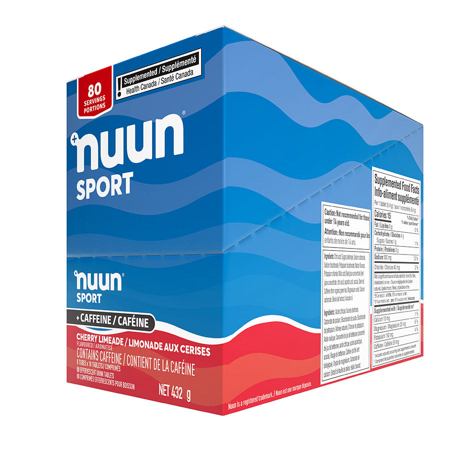 Nuun Sport with Caffeine drink mix box featuring orange mango flavor, 8 packets for hydration and energy.