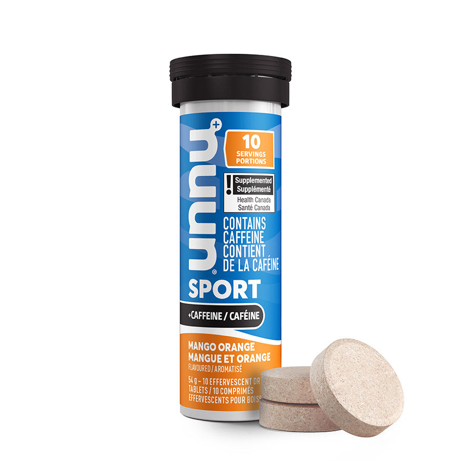 Nuun Sport with Caffeine drink mix box of 8, orange mango flavor, 10 servings, featuring colorful packaging and individual sachets
