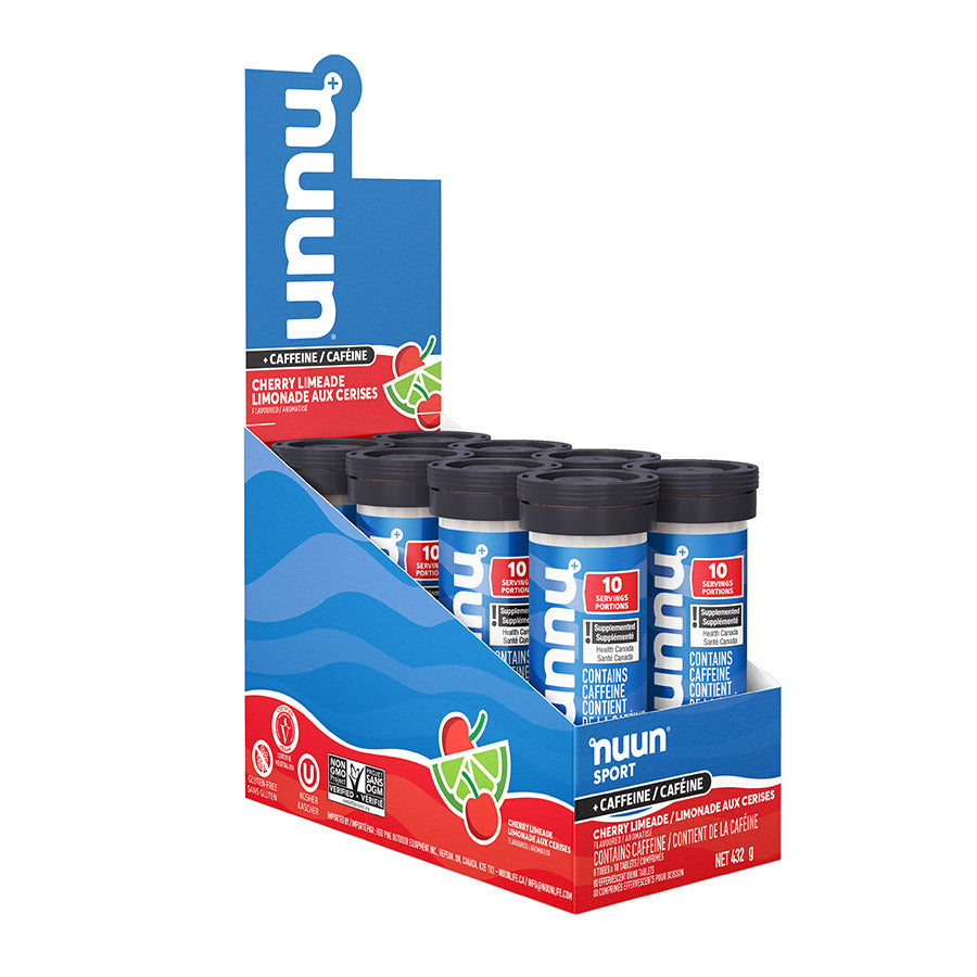 Nuun Sport with Caffeine drink mix box featuring orange mango flavor, 8 packs for energizing hydration.