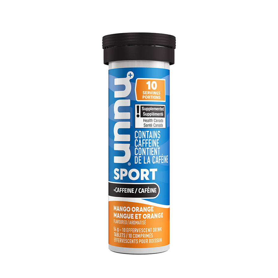 Nuun Sport with Caffeine drink mix box featuring orange mango flavor, 8 packets for hydration and energy.