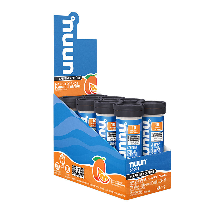 Nuun Sport with Caffeine drink mix box featuring orange mango flavor, 8 packets for hydration and energy.