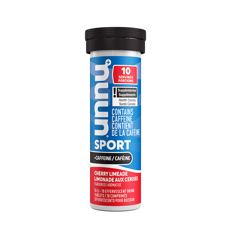 Nuun Sport with Caffeine drink mix box of 8 orange mango flavor, 10 servings, with colorful packaging and individual sachets.