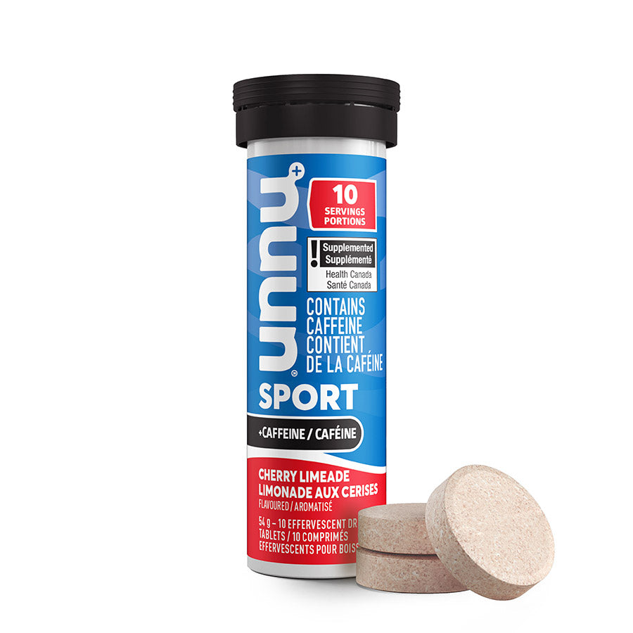 Nuun Sport with Caffeine drink mix box featuring orange mango flavor, 8 packets for hydration and energy.
