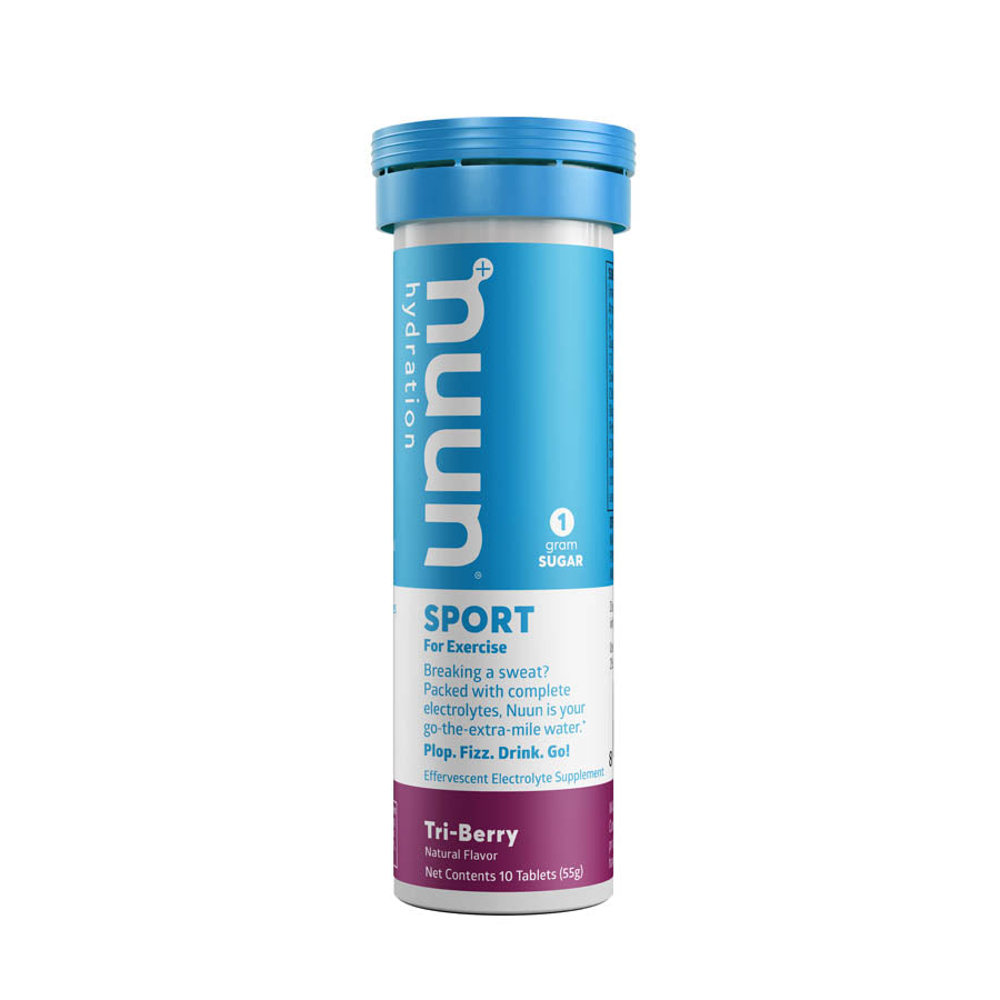 Nuun Sport Tri-Berry drink mix box with 8 packets, vibrant packaging for hydration and flavor.