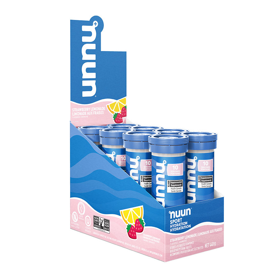 Nuun Sport citrus fruit drink mix box with 8 packages, each providing 10 servings of flavored hydration powder.