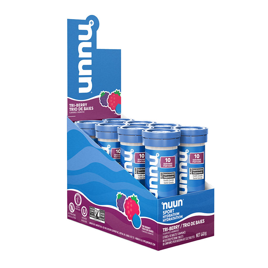 Nuun Sport Citrus Fruit drink mix box with 8 packets, each providing 10 servings of flavored electrolyte hydration.