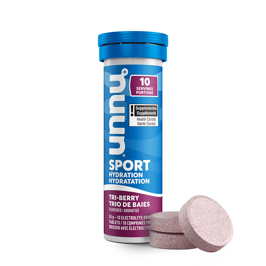 Nuun Sport citrus fruit drink mix box of 8 for hydration, containing 10 servings per box, with colorful citrus flavor packaging.