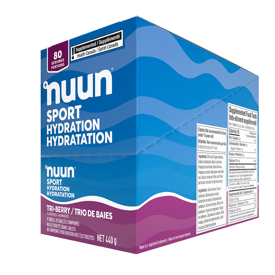 Nuun Sport citrus fruit drink mix box with 8 packets, each making 10 servings, for hydration and electrolyte replenishment.