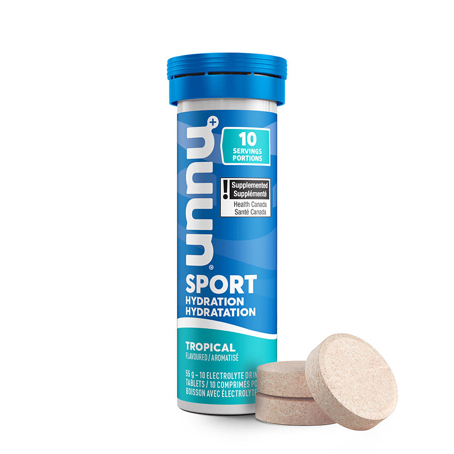 Nuun Sport citrus fruit drink mix box with 8 packets, each providing 10 servings of flavored electrolyte hydration.