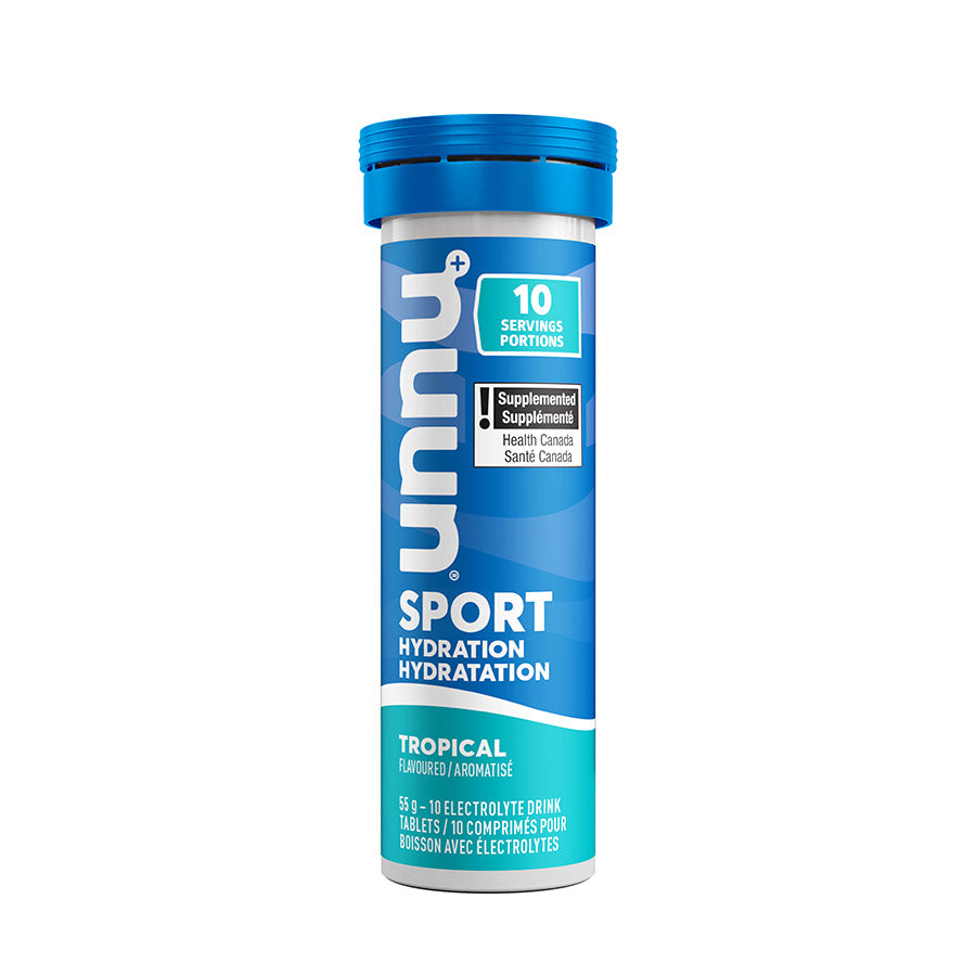Nuun Sport Citrus Fruit drink mix box with 8 pouches, each providing 10 servings of flavored hydration.